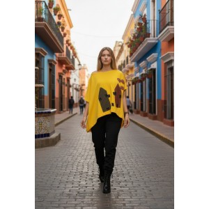 Πόντσο κίτρινο καλοκαιρινό Βαμβάκι 100% 65 εκ από ώμο με σχέδιο τα σπιτάκια 