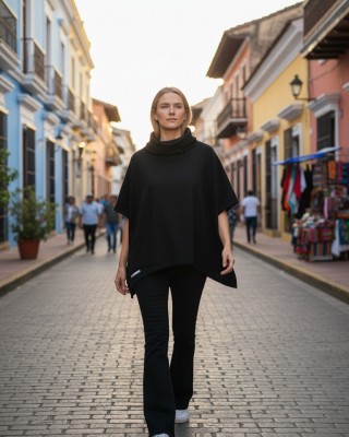 Πόντσο Μαύρο  ύφασμα φούτερ με χνούδι, σύνθεση βαμβάκι95% ελαστάν 5%, με τσέπη και λαιμό, άνετο και ζεστό