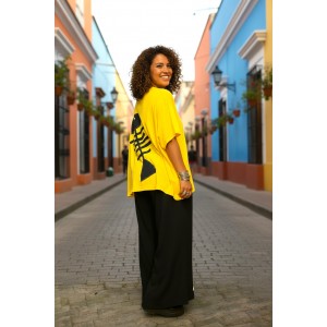 Καλοκαιρινή κίτρινη Μπλούζα σε στυλ Πόντσο, μήκος από ώμο 60εκ., με λαιμόκοψη χαμόγελο, υπέροχο άνετο βαμβάκι 100% στυλ με σχέδιο στην πλάτη Ψαροκόκκαλο