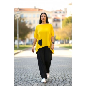 Καλοκαιρινή κίτρινη Μπλούζα σε στυλ Πόντσο, μήκος από ώμο 60εκ., με λαιμόκοψη χαμόγελο, υπέροχο άνετο βαμβάκι 100% στυλ με σχέδιο στην πλάτη Ψαροκόκκαλο