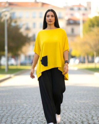 Καλοκαιρινή κίτρινη Μπλούζα σε στυλ Πόντσο, μήκος από ώμο 60εκ., με λαιμόκοψη χαμόγελο, υπέροχο άνετο βαμβάκι 100% στυλ με σχέδιο στην πλάτη Ψαροκόκκαλο