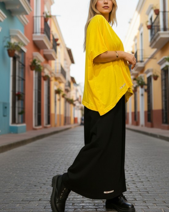 Πόντσο κίτρινο καλοκαιρινό Βαμβάκι 100% 65 εκ από ώμο με σχέδιο τα σπιτάκια 