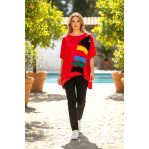 Καλοκαιρινή κόκκινη Μπλούζα σε στυλ Πόντσο, μήκος από ώμο 60εκ., με λαιμόκοψη χαμόγελο, υπέροχο άνετο βαμβάκι 100% στυλ Ψαροκόκκαλο