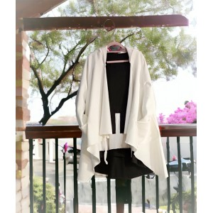 Ασύμμετρο Πανωφόρι Midi, λευκό, σε στυλ κάπας με μανίκι, Χειροποίητο με αγάπη, Άνετο ζεστό, Φούτερ με χνούδι, με πλαϊνές τσέπες, ΧΩΡΙΣ φερμουάρ, χωρίς σχέδιο 