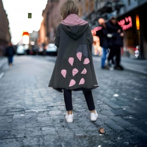 Πανωφόρι Midi, γκρι σκούρο ασύμμετρο, σε στυλ κάπας με μανίκι, Χειροποίητο με αγάπη, με Κουκούλα, Άνετο ζεστό, Φούτερ με χνούδι, με πλαϊνές τσέπες, ΧΩΡΙΣ φερμουάρ, Σύννεφο και σταγόνες