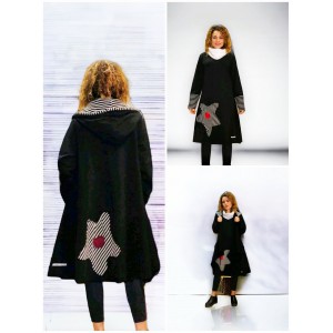 Ασύμμετρο Πανωφόρι Midi, μαύρο, σε στυλ κάπας με μανίκι, Χειροποίητο με αγάπη, με Κουκούλα Μαύρη και κόκκινη εσωτερικά, Άνετο ζεστό, Φούτερ με χνούδι, με πλαϊνές τσέπες, ΧΩΡΙΣ φερμουάρ, σχέδιο Ριγέ Λουλούδι