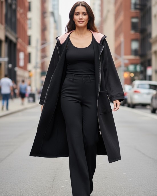 Πανωφόρι Midi, Φούτερ με χνούδι, κλείνει μπροστά με φερμουάρ, Μήκος 100εκ., άνετο, ζεστό, με  τσέπες, με κουκούλα, Βροχή και Σύννεφο