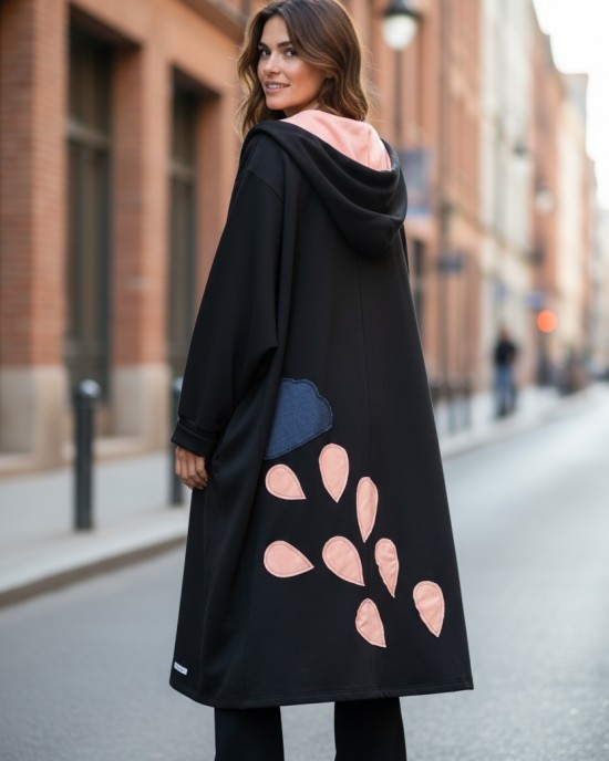 Πανωφόρι Midi, Φούτερ με χνούδι, κλείνει μπροστά με φερμουάρ, Μήκος 100εκ., άνετο, ζεστό, με  τσέπες, με κουκούλα, Βροχή και Σύννεφο