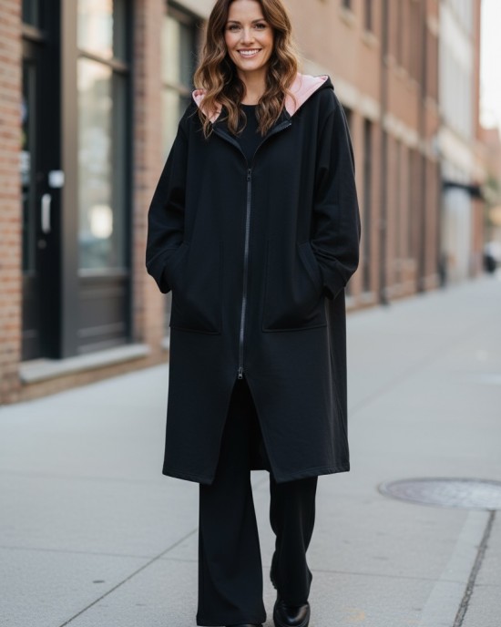 Πανωφόρι Midi, Φούτερ με χνούδι, κλείνει μπροστά με φερμουάρ, Μήκος 100εκ., άνετο, ζεστό, με  τσέπες, με κουκούλα, Βροχή και Σύννεφο