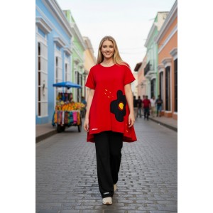 Mπλουζοφόρεμα ασύμμετρο, Μήκος από τον ώμο 80εκ μπροστινό μέρος και το πίσω μέρος 90εκ. με κοντό μανίκι βαμβάκι 100%, με σχέδιομε σχέδιο τζιν Μαργαρίτα με κίτρινες λεπτομέρειες