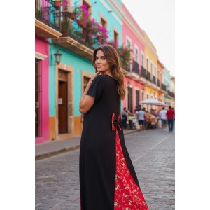 Φόρεμα μακρύ μαύρο, με εμπριμέ κόκκινη ουρά, φιόγκο στο πίσω μέρος, μήκος από τον ώμο 135εκ., άνετο και δροσερό βαμβάκι 100%, Κοντό μανίκι