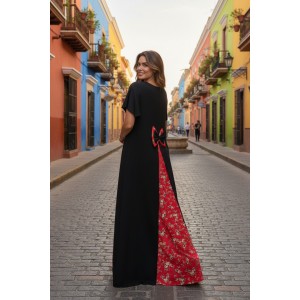 Φόρεμα μακρύ μαύρο, με εμπριμέ κόκκινη ουρά, φιόγκο στο πίσω μέρος, μήκος από τον ώμο 135εκ., άνετο και δροσερό βαμβάκι 100%, Κοντό μανίκι