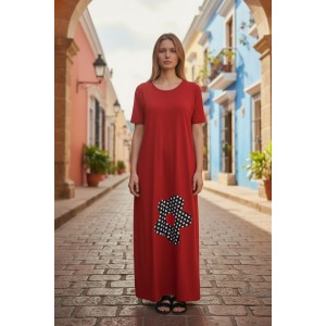 Φόρεμα μακρύ κόκκινο ή μαύρο, μήκος από τον ώμο 135εκ., στρόγγυλη λαιμόκοψη, άνετο και δροσερό βαμβάκι 100%, κοντό μανίκι, με σχέδιο Πουά  Μαργάριτα 