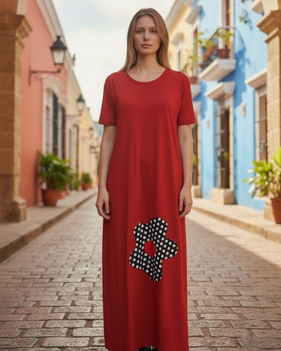 Φόρεμα μακρύ κόκκινο ή μαύρο, μήκος από τον ώμο 135εκ., στρόγγυλη λαιμόκοψη, άνετο και δροσερό βαμβάκι 100%, κοντό μανίκι, με σχέδιο Πουά  Μαργάριτα 