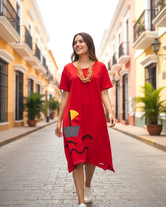 Φόρεμα  κόκκινο, μίντι με μύτες στο τελείωμα, μήκος από τον ώμο 110εκ., άνετο και δροσερό βαμβάκι 100%, Κοντό μανίκι με σχέδιο το καραβάκι (το κοσμημα λαιμού δεν συμπεριλαμβάνεται στην τιμή)