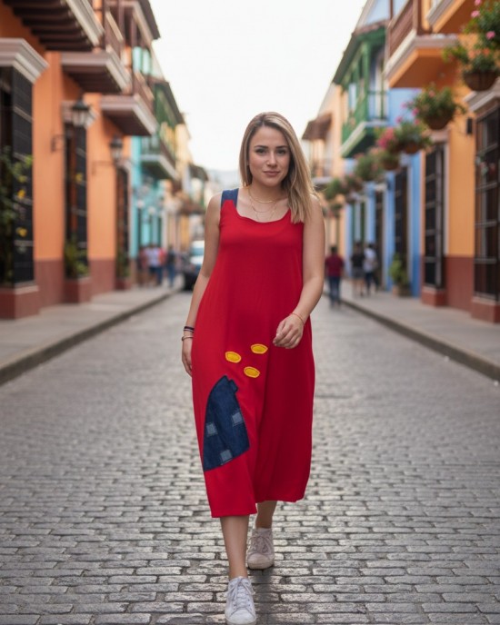 Φόρεμα midi balloon, με τζιν τιράντες, χρώμα μαύρο ή μπλε σκούρο, στρόγγυλη λαιμόκοψη, μήκος 112εκ από ώμο, Βαμβάκι 100%, Σχέδιο μπλε σπιτάκι 