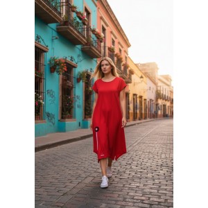 Κόκκινο Φόρεμα μίντι με μύτες στο πλάι, μήκος από τον ώμο 115εκ., άνετο και δροσερό βαμβάκι 100%, Κοντό μανίκι με σχέδιο Λουλούδι