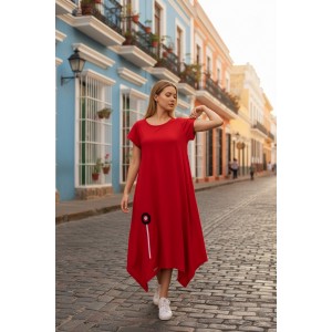 Κόκκινο Φόρεμα μίντι με μύτες στο πλάι, μήκος από τον ώμο 115εκ., άνετο και δροσερό βαμβάκι 100%, Κοντό μανίκι με σχέδιο Λουλούδι