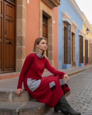Φόρεμα  κόκκινο midi balloon, με λαιμό χαλαρό σε γκρι ανοιχτό, εξωτερικές τσέπες σε γκρι ανοιχτό, με μακρύ μανίκι, μήκος 115εκ Βαμβάκι 95% με ελασταν 5%  με σχέδιο ομπρέλα 