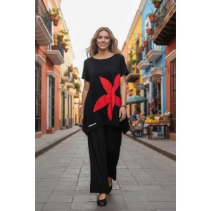 Μπλουζοφόρεμα  μαύρο με μύτες στο πλάι  με κοντό μανίκι βαμβάκι 100% με σχέδιο red Flower