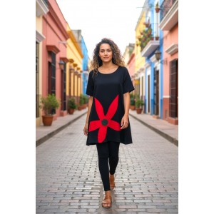 Mπλουζοφόρεμα ασύμμετρο, Μήκος από τον ώμο 80εκ μπροστινό μέρος και το πίσω μέρος 90εκ. με κοντό μανίκι βαμβάκι 100%, με σχέδιο κόκκινο λουλούδι