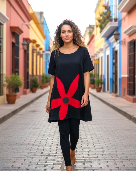 Mπλουζοφόρεμα ασύμμετρο, Μήκος από τον ώμο 80εκ μπροστινό μέρος και το πίσω μέρος 90εκ. με κοντό μανίκι βαμβάκι 100%, με σχέδιο κόκκινο λουλούδι