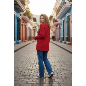 Μπλούζα κόκκινη, με μακρύ μανίκι, Βαμβάκι 95% ελαστάν 5%, μήκος από ώμο 65εκ., με μικρά σχεδιάκια 