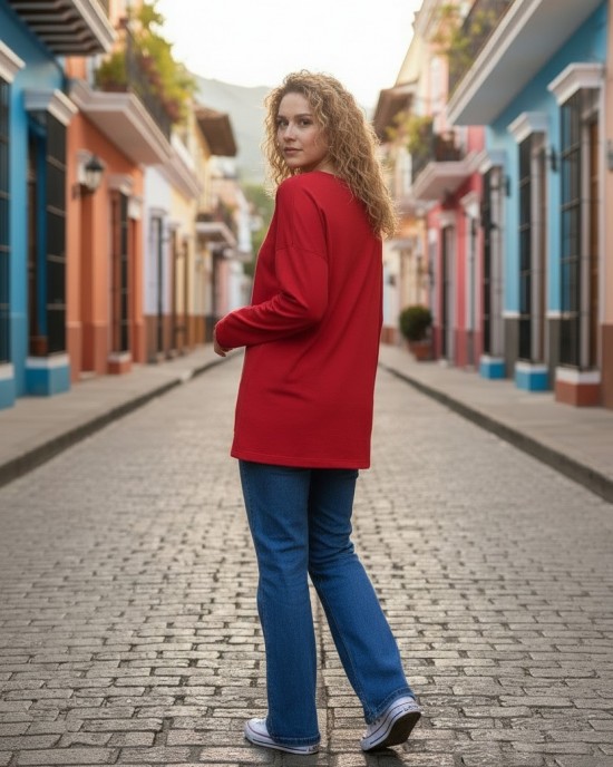 Μπλούζα κόκκινη, με μακρύ μανίκι, Βαμβάκι 95% ελαστάν 5%, μήκος από ώμο 65εκ., με μικρά σχεδιάκια 