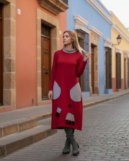 Φόρεμα  κόκκινο midi balloon, με λαιμό χαλαρό σε γκρι ανοιχτό, εξωτερικές τσέπες σε γκρι ανοιχτό, με μακρύ μανίκι, μήκος 115εκ Βαμβάκι 95% με ελασταν 5%  με σχέδιο ομπρέλα 