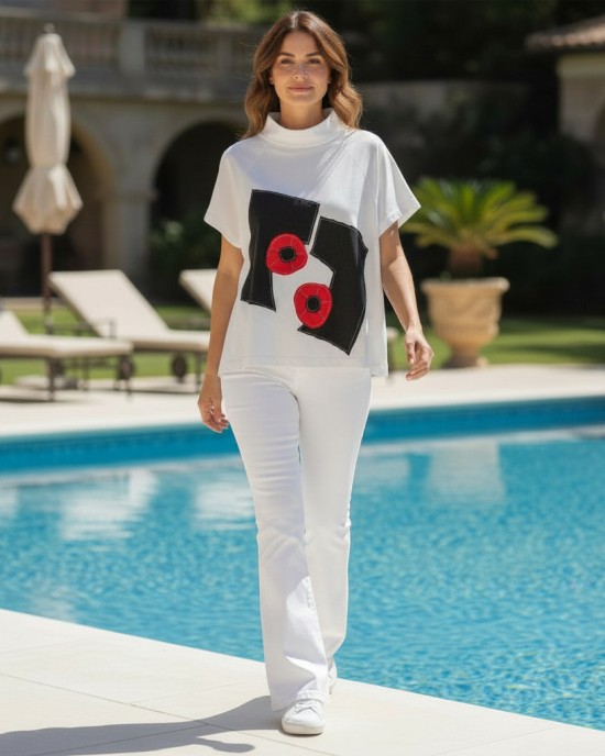 Mπλούζα  με κοντό μανίκι, με λαιμό ντραπέ, ρεγκλάν μανίκι , ύφασμα μπλούζας βαμβάκι 100%, μήκος από ώμο 65εκ., με σχέδιο  Κόκκινο Τριαντάφυλλο