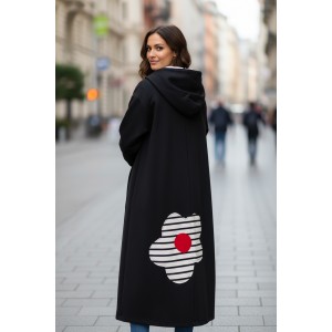 Πανωφόρι Μακρύ, Φούτερ με χνούδι, κλείνει μπροστά με φερμουάρ, Μήκος 120εκ., άνετο, ζεστό, με πλαϊνές τσέπες, με κουκούλα ριγέ το εσωτερικό της κουκούλας,  , με σχέδιο το ριγέ λουλούδι 