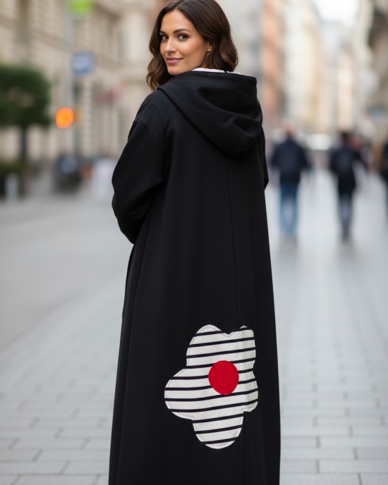 Πανωφόρι Μακρύ, Φούτερ με χνούδι, κλείνει μπροστά με φερμουάρ, Μήκος 120εκ., άνετο, ζεστό, με πλαϊνές τσέπες, με κουκούλα ριγέ το εσωτερικό της κουκούλας,  , με σχέδιο το ριγέ λουλούδι 