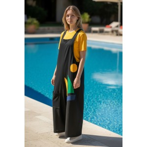 Σαλοπέτα μαύρη, ίσια χαλαρή γραμμή, δένει με κορδονάκια στο επάνω μέρος, για κάθε εποχή, σύνθεση υφάσματος Βαμβάκι 100%, με σχέδιο πολύχρωμα σχεδιάκια 