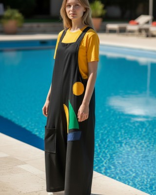 Σαλοπέτα μαύρη, ίσια χαλαρή γραμμή, δένει με κορδονάκια στο επάνω μέρος, για κάθε εποχή, σύνθεση υφάσματος Βαμβάκι 100%, με σχέδιο πολύχρωμα σχεδιάκια 