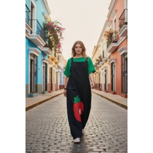 Σαλοπέτα μαύρη, ίσια χαλαρή γραμμή, δένει με κορδονάκια στο επάνω μέρος, για κάθε εποχή, σύνθεση υφάσματος Βαμβάκι 100%, με σχέδιο μήλο