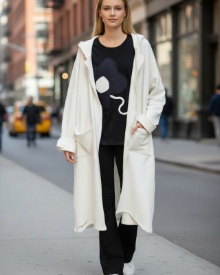 Μακρύ Λευκό Πανωφόρι, μήκος 120εκ. Χειροποίητο με αγάπη,  με Κουκούλα, Άνετο ζεστό, Φούτερ με χνούδι, με φερμουάρ και  τσέπες, Υπέροχο 