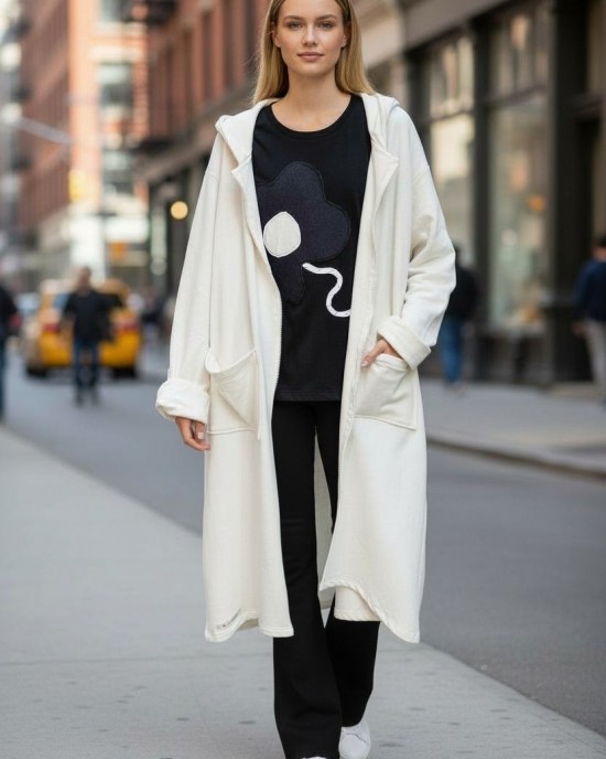 Μακρύ Λευκό Πανωφόρι, μήκος 120εκ. Χειροποίητο με αγάπη,  με Κουκούλα, Άνετο ζεστό, Φούτερ με χνούδι, με φερμουάρ και  τσέπες, Υπέροχο 