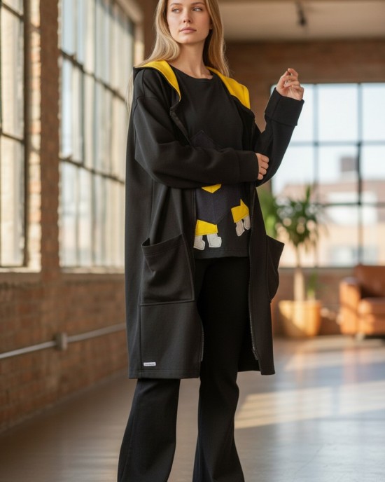 Πανωφόρι Φούτερ με χνούδι, Mαύρο Μidi 100εκ από ώμο, με φερμουάρ, άνετη γραμμή, με κουκούλα μαύρη και κροκί  εσωτερικά, με τσέπες