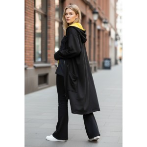 Πανωφόρι Φούτερ με χνούδι, Mαύρο Μidi 100εκ από ώμο, με φερμουάρ, άνετη γραμμή, με κουκούλα μαύρη και κροκί  εσωτερικά, με τσέπες