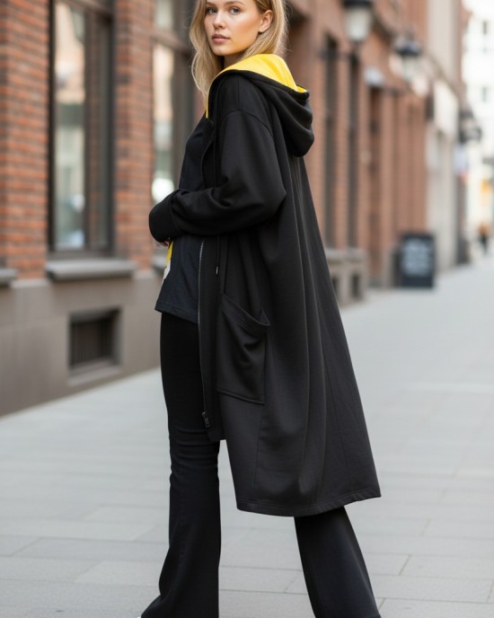 Πανωφόρι Φούτερ με χνούδι, Mαύρο Μidi 100εκ από ώμο, με φερμουάρ, άνετη γραμμή, με κουκούλα μαύρη και κροκί  εσωτερικά, με τσέπες