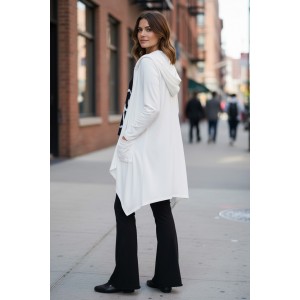 Ασύμμετρο Πανωφόρι Midi, λευκό, σε στυλ κάπας με μανίκι, Άνετο ζεστό, Φούτερ με χνούδι, Βαμβάκι100%, πλαϊνές τσέπες, ΧΩΡΙΣ φερμουάρ, χωρίς σχέδιο 