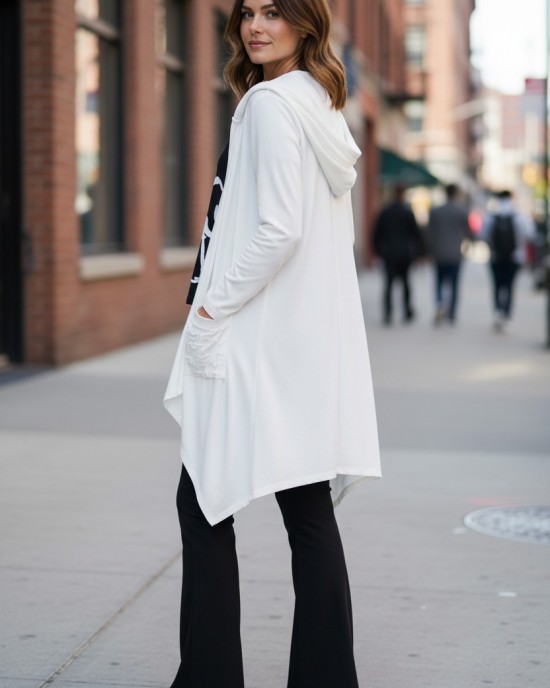 Ασύμμετρο Πανωφόρι Midi, λευκό, σε στυλ κάπας με μανίκι, Άνετο ζεστό, Φούτερ με χνούδι, Βαμβάκι100%, πλαϊνές τσέπες, ΧΩΡΙΣ φερμουάρ, χωρίς σχέδιο 