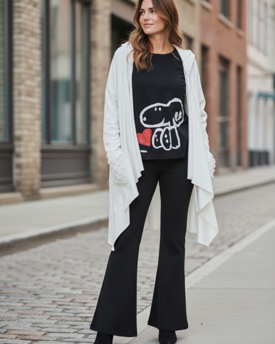 Ασύμμετρο Πανωφόρι Midi, λευκό, σε στυλ κάπας με μανίκι, Άνετο ζεστό, Φούτερ με χνούδι, Βαμβάκι100%, πλαϊνές τσέπες, ΧΩΡΙΣ φερμουάρ, χωρίς σχέδιο 