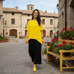 -30% ΠΡΟΣΦΟΡΑ Καλοκαιρινή 2 τεμαχίων  Παντελόνα μαύρη και  Πόντσο Κίτρινο , σύνθεση υφάσματος βαμβάκι 100%