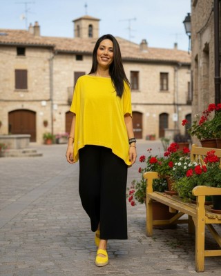 -30% ΠΡΟΣΦΟΡΑ Καλοκαιρινή 2 τεμαχίων  Παντελόνα μαύρη και  Πόντσο Κίτρινο , σύνθεση υφάσματος βαμβάκι 100%