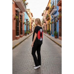 Mπλούζα με κοντό μανίκι, χαμόγελο λαιμόκοψη, σύνθεση υφάσματος μπλούζας βαμβάκι 100%, μήκος από ώμο 65εκ., άνοιγμα στην πλάτη με σχέδιο το σωσίβιο 