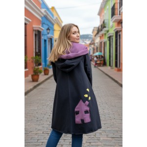 Πανωφόρι Midi, μαύρο ασύμμετρο, σε στυλ κάπας με μανίκι, Χειροποίητο με αγάπη, με Κουκούλα, Άνετο ζεστό, Φούτερ με χνούδι, με πλαϊνές τσέπες, ΧΩΡΙΣ φερμουάρ, σχέδιο Αγαπημένο Σπίτι