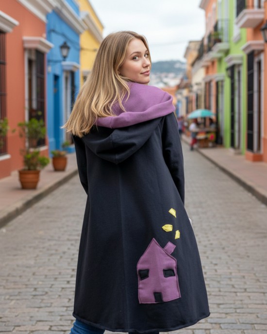 Πανωφόρι Midi, μαύρο ασύμμετρο, σε στυλ κάπας με μανίκι, Χειροποίητο με αγάπη, με Κουκούλα, Άνετο ζεστό, Φούτερ με χνούδι, με πλαϊνές τσέπες, ΧΩΡΙΣ φερμουάρ, σχέδιο Αγαπημένο Σπίτι