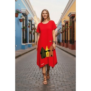 Μίντι φόρεμα, στρόγγυλη  λαιμόκοψη, μικρά πλαϊνά ανοίγματα στο τελείωμα, μήκος 115εκ., Βαμβάκι100% με σχέδιο πολύχρωμα σπιτάκια