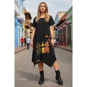 Μίντι φόρεμα, στρόγγυλη  λαιμόκοψη, μικρά πλαϊνά ανοίγματα στο τελείωμα, μήκος 115εκ., Βαμβάκι100% με σχέδιο πολύχρωμα σπιτάκια